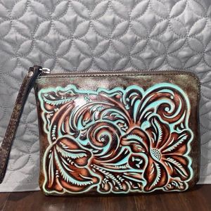 Patricia Nash tooled wristlet wallet in turquoise